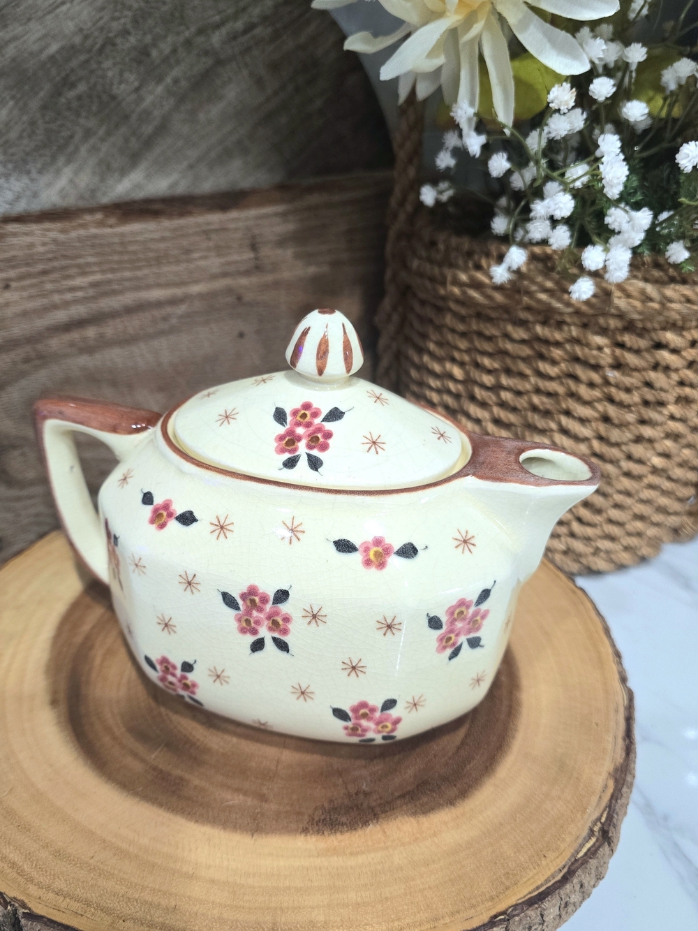 Vintage Cream Floral Ceramic Teapot with Pink Blossoms | Circa 1930s-40s